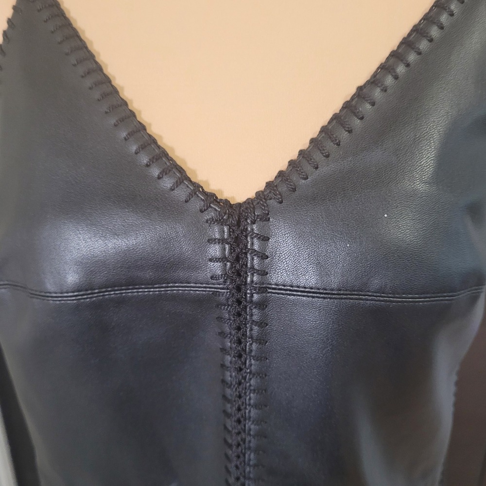 Bailey 44 Black Vegan Leather Whipstitch Halter Mini Dress S Rocker Punk Comfort - Picture 2 of 6